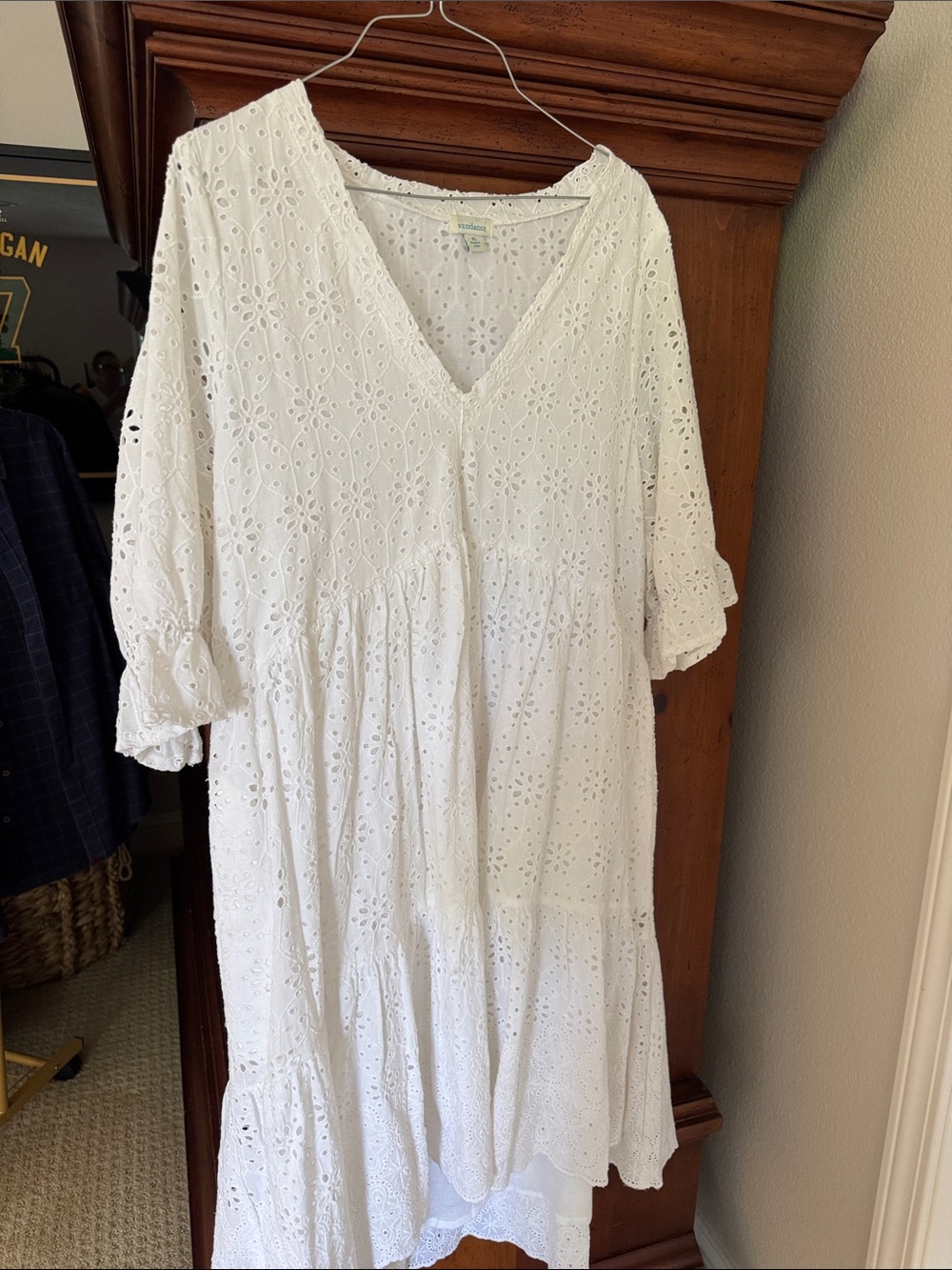 Sundance White Eyelet V-Neck Tiered Midi Dress